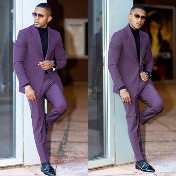 Mor erkek Takım Elbise Özel 2 Parça Blazer Pantolon Doruğa Yaka Bir Düğme Saf Slim Fit Yeni Düğün Damat Custom Made Artı Boyutu