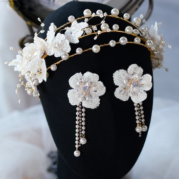 Tatlı Çiçek Gelinler Tiara Headbans Küpe ile Kristal El Yapımı Prenses Düğün Bantlar Gelin saç aksesuarı