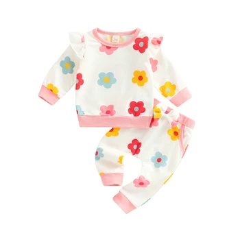 2 Parça Bebek Bebek Kız Kıyafetler, Çiçek Baskı Fırfır Uzun Kollu T-Shirt + Rahat pantolon seti Bebekler için, 0-24 Ay