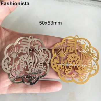 20 adet-Telkari Ejderha Dekor Çiçek Şekli Charm Kolye 50x53mm Altın Gümüş renk Metal Damgalama El Sanatları DIY Malzemeleri-F