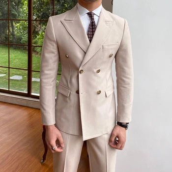 2021 Yeni Varış İnce Erkek Takım Elbise Haki Kruvaze Tepe Yaka İş Rahat Smokin 2 Adet (Ceket + Pantolon) custom Made Erkek Takım Elbise