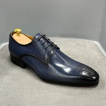 2022 erkek resmi ayakkabı Erkekler Oxford Hakiki İnek Deri Sivri Burun Moda Açık Lace Up Yüksek Kaliteli Oyma Ofis Düğün Ayakkabı
