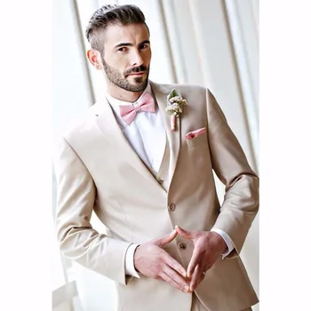 2022 Şampanya Erkek Takım Elbise Düğün Damat slim fit uzun kollu erkek gömlek Smokin Özel Çentik Yaka 2 Düğmeler Erkek Takım Elbise Blazer (Ceket + Pantolon + Yelek)