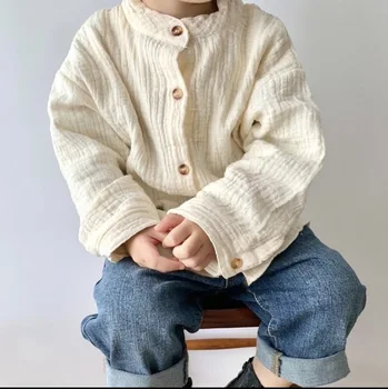 2023 Bahar Bebek Erkek Pamuk Keten Gömlek Saf Renk Kore Tarzı Stand-up Yaka Toddlers Çocuklar Uzun Kollu Gömlek Tops