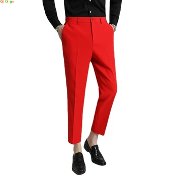 2023 Bahar Yeni erkek Ayak Bileği Uzunlukta Pantolon Moda İnce Erkek Takım Elbise Pantolon Yeşil Mavi Beyaz Gri Büyük Boy M-6XL Pantalones Hombre