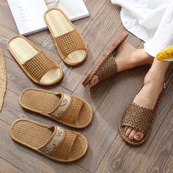 2023 Yaz aylarında Serin Çin Tarzı Bambu Rattan Hasır Paspaslar Keten Terlik Erkekler ve Kadınlar için Kapalı Kaymaz Sandalet Ev Ayakkabıları