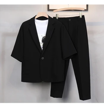 2023 Yaz Erkek Eğlence Takım Elbise Kısa kollu Ceket ve Pantolon Kore Trend Pamuk ve Keten İnce İnce Moda 2 parça Set Homme