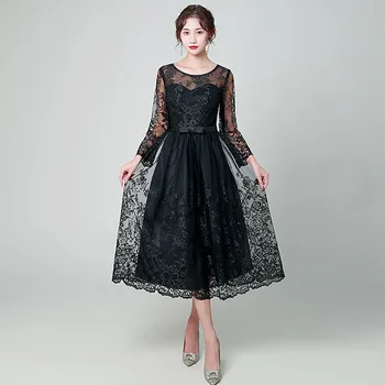 2023 Yeni Moda Siyah Gece Elbisesi Seksi Illusion O-boyun Uzun Kollu Dantel Ziyafet Parti Elbiseler