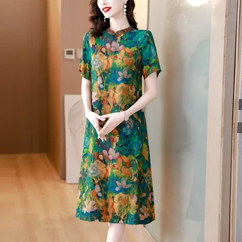 2023 Yeni Moda Çin İpek Elbise kadın Yaz Çok Yönlü Geliştirilmiş Qipao Gevşek Fit Casual tatil elbisesi Vesidos