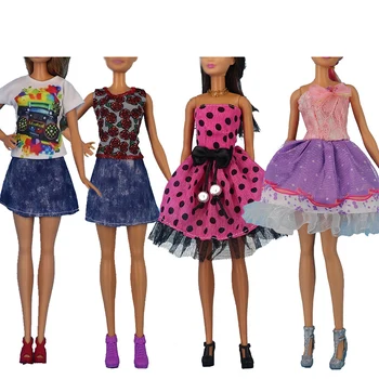 4 Set Moda Renkli Kıyafet Dalga Noktası Elbise Gömlek Denim Izgara Etek Günlük gündelik giyim Aksesuarları Giysileri barbie bebek