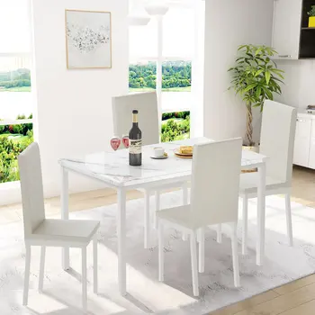 5 Adet yemek seti Mutfak Masası Seti mermer masa 4 Dayanıklı Siyah Suni Deri Döşeme Sandalyeler Kahvaltı Nook