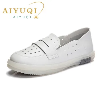 AIYUQI Kadın Ayakkabı Yaz 2023 Yeni Hakiki Deri Kadın Beyaz Spor Büyük boy İçi Boş Düz Bayanlar spor salonu ayakkabısı