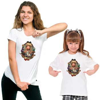 Alice İn Wonderland T Shirt Kadın baskı t-shirt Çocuk Kız Komik Üstleri TAKİP BEYAZ TAVŞAN Grafik Moda Aile Bak