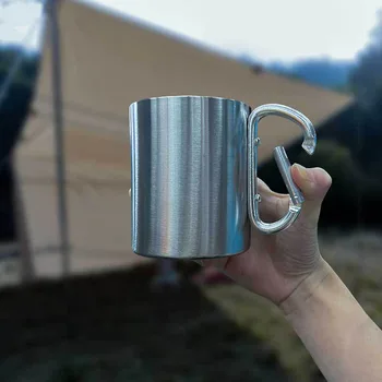 Açık Piknik Su Bardağı Paslanmaz Çelik Taşınabilir Kahve Fincanı Tırmanma Toka Kolu Kaymaz Fincan Alt 200 ml / 300 ml