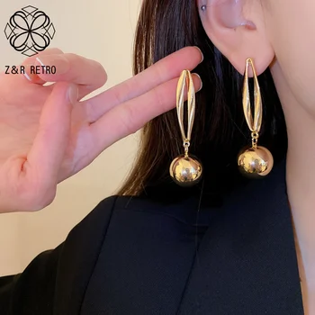 Basit Metalik Top Kolye Uzun Asılı Damla Küpe Kadınlar için Bijoux Zarif Kore Altın Gümüş Renk Pendientes Yeni
