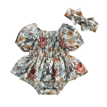 Bebek Bebek Kız Romper Elbise Çiçek Baskı Kısa Puf Kollu Etek Etek Bodysuits Yaz Tulumlar Kafa Bandı ile