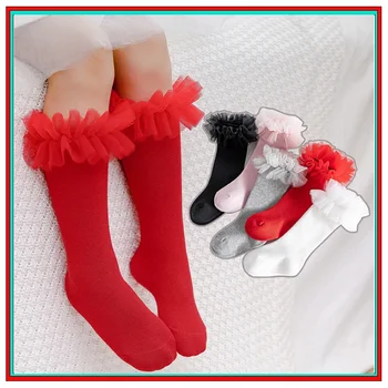 Bebek Kız Çorap Sonbahar Kış Toddlers Çocuk diz üstü çorap Yumuşak Pamuk Kabarık Örgü Dantel Çiçek Tüp Çocuk Çorap Calcetines