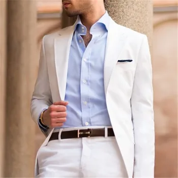 Beyaz Erkek Takım Elbise Düğün İçin 2 adet (Ceket + Pantolon + Kravat)Custom Made Damat Rahat Basit Şık Smokin Terno Moda Blazer Pantolon