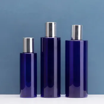 Boş Plastik PET 100ML 200ML 250ML Mavi Kozmetik Losyon Şampuan Toner Doldurulabilir Şişe Parlak Gümüş vidalı kapaklı