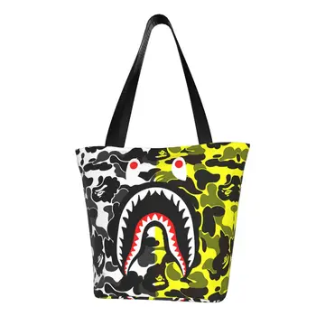 Camo Köpekbalığı Dişleri Bakkal Tote Alışveriş Çantası Kadın Sevimli Sarı Kamuflaj Tuval Shopper omuz Çantaları Büyük Kapasiteli Çanta