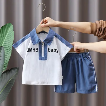 Erkek yaz takım elbise Kore bebek yaz bebek giysileri çocuk yarım zip POLO GÖMLEK kısa kollu rahat iki parçalı set