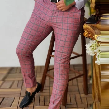 Erkekler ekose Düzenli Streç Casual Düğme Slim Fit iş pantolon Takım Elbise Pantolon