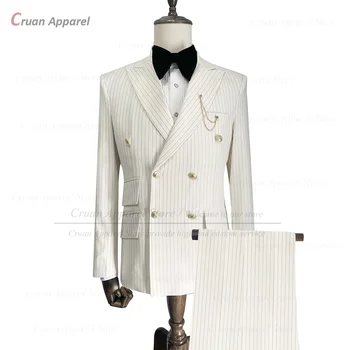 Fildişi Beyaz Erkek Takım Elbise Slim fit Lüks İş Akşam Yemeği Düğün Smokin Altın Çizgili Blazer Pantolon 2 Parça Özel Ceket Seti