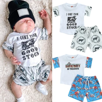 FOCUSNORM 0-3Y Toddler Erkek Bebek Giysileri Set 2 adet Mektup İnek Baskı Patchwork kısa kollu tişört + Boğa Desen Şort