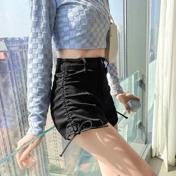 Gri Yan İpli Kot Şort kadın Yaz 2023 Yeni Yüksek Bel Seksi Babes İnternet Ünlü Çok Yönlü Süper Sıcak Pantolon
