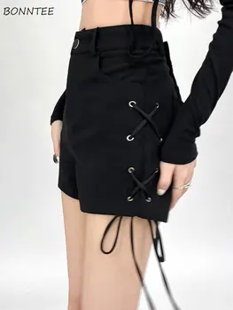 Hotsweet Şort Kadın Siyah Lace Up Vintage Estetik Yaz Yüksek Bel Rahat Tüm Maç Kadın Amerikan Tarzı Streetwear Yeni