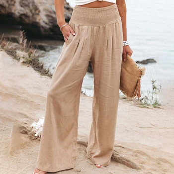 İlkbahar Yaz Pamuk Keten Stil Kadın Gevşek Uzun Pantolon Eğlence Katı Yüksek Bel Dantelli Plaj Geniş Bacak Pantolon cep