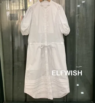 Kadın Beyaz Elbise Standı Mandarin Yaka Yarım Fener Kollu İpli Bel Bağlı Ön Çizgili Düğmeler Büyük Cepler Midi elbise