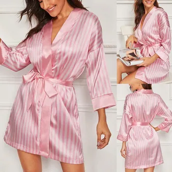Kadın Gecelikler Ipek Saten Elbise Gecelik Kadın Çizgili Uyku Elbise Sleepshirt Pijama Kolsuz Gecelik Gecelik Pijama