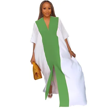 Kadınlar için afrika Elbiseler Afrika Kadınlar Yarım Kollu V Yaka Polyester Yeşil Mavi uzun elbise Afrika Elbiseler yaz elbisesi
