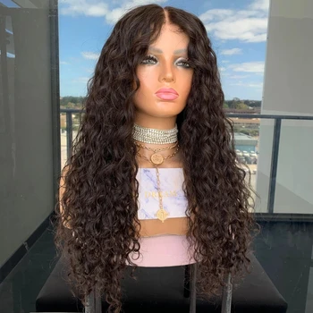 Kinky Kıvırcık Sentetik Saç Dantel ön peruk Koyu Kahverengi ısıya dayanıklı iplik Doğal Saç Çizgisi Orta Ayrılık Afrika Amerikan