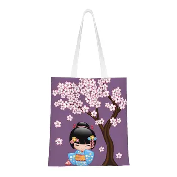 Kokeshı Bebek Bakkal Tote alışveriş çantası Kadın Moda Japon Sakura Kiraz Çiçeği Tuval Omuz Alışveriş Çantası Büyük Çanta