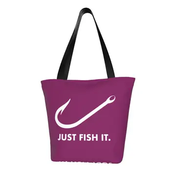 Komik Balıkçılık Sadece Balık alışveriş çantası Geri Dönüşüm Balıkçı Tuval Bakkal Alışveriş omuzdan askili çanta