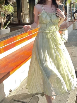 Kore Moda Yeşil Sevimli kemerli elbise Kadınlar Tatlı Zarif Parti Midi Elbise Kadın Şifon Fransa Boho Plaj Elbise 2023 Yaz