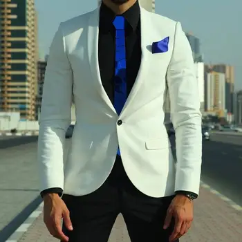 Kostüm Homme 2 Adet Beyaz Erkek Takım Elbise 2019 Slim Fit Düğün Smokin Damat Giyim Rahat Şal Yaka Damat Takım Elbise (Ceket + Pantolon)