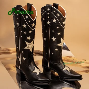 Kovboy çizmeleri Kadınlar İçin 2023 Vintage Yıldız Şerit kadın ayakkabısı Cowgirls Retro Sokak Elbise Çizmeler Tıknaz Topuklu Çizmeler Üzerinde Kayma erkekler
