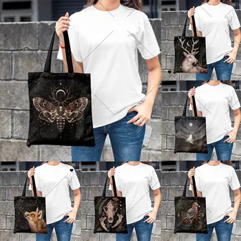 Koyu Siyah Kelebek Geyik Tilki moda Kare Uygun Çevre Dostu Kullanımlık Taşınabilir kadın Tuval süpermarket çantası