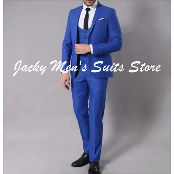 Kraliyet Mavi slim fit uzun kollu erkek gömlek Takım Elbise Çentik Yaka Custom Made Smokin Terno Masculino Damat Düğün Blazer 3 Parça Ceket + Pantolon + Yelek