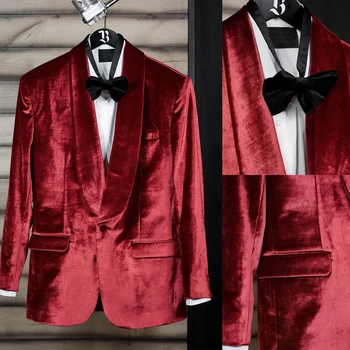 Kırmızı Kadife erkek Takım Elbise Ismarlama Tek Parça Blazer Bir Düğme İş Şeffaf Yaka Smokin Düğün Damat Özel Artı Boyutu