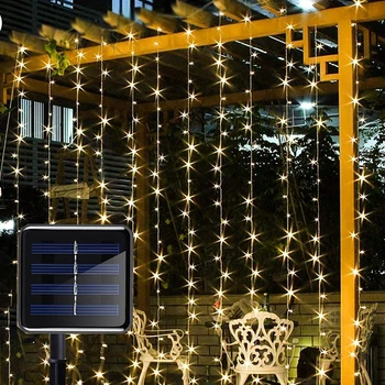 LED güneş lambası açık su geçirmez perde ışıkları Garland bakır tel peri ışıkları düğün parti bahçe Yard noel dekorasyon