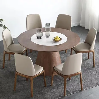 Masif ahşap yemek masası ve sandalye kombinasyonu, modern ve basit, gömülü kaya kurulu döner masa, küçük ev beyaz w