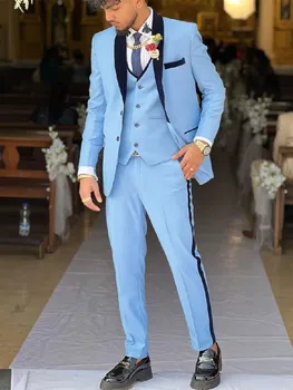 Mavi erkek Takım Elbise Özel 3 Adet Blazer Yelek Pantolon Tek Göğüslü Siyah Doruğa Yaka İnce Düğün Damat Özel Artı Boyutu