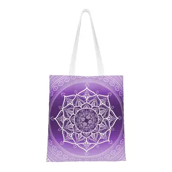 Menekşe Ruhu Mandala Bakkaliye alışveriş çantası Sevimli Baskılı tuval alışveriş çantası omuz çantaları Mor Meditasyon Mandala Çanta