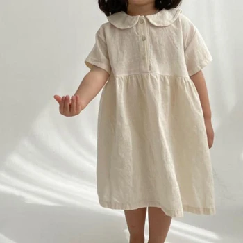 Menoea Yeni Kızlar Vintage Elbise Katı Bebek Gevşek Günlük Elbiseler Pamuk Çocuklar Yaz Prenses Elbiseler Moda Bebek Çocuk Giysileri