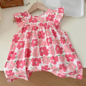 Mizah Ayı Kore Elbise Kızlar İçin Yaz Uçan Kollu Çiçek Desen Elbise rahat elbise Prenses Elbise Çocuk Giysileri 2-7Y