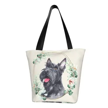 Moda Baskılı İskoç Terrier Köpek Çiçek Altın Çelenk alışveriş çantası Tuval Omuz Alışveriş Scottie Pet Lover Çanta